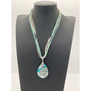 Blue Turquoise Glass Teardrop Pendant Necklace On Organza Ribbon Chain